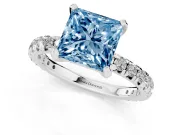 Fancy Blue Princess Cut Diamond Pavé Solitaire Ring Set in Platinum with Round Band and Prong Setting