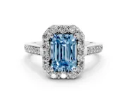Fancy Blue Emerald Cut Diamond Floral Halo Ring Set in Platinum with Pavé Band and Prong Setting