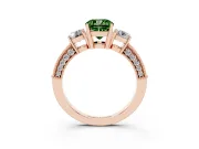 Fancy Green Cushion Cut Diamond Three-Stone Ring Set in Rose gold with Round Side Stones and Pavé Band