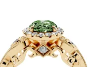 Fancy Green Oval Cut Diamond Halo Ring Set in Yellow gold with Milgrain Pavé Band and Prong Setting
