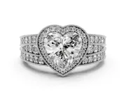 Heart Cut Diamond Halo Ring Set in Silver with Accent Split Shank and Prong Setting