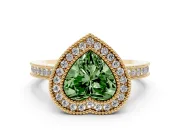 Fancy Green Heart Cut Diamond Halo Ring Set in Yellow gold with Pavé Band and Milgrain-Edged Prongs