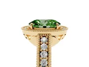 Fancy Green Oval Cut Diamond Halo Ring Set in Yellow gold with Round Accent Halo, Pavé Band and Prong Setting