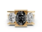 Fancy Black Oval Cut Diamond Three-Stone Channel Set Ring Set in Yellow gold with Smooth Polished Band
