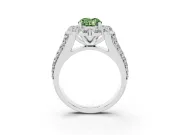 Fancy Green Oval Cut Diamond Halo Engagement Ring Set in White gold with Split Shank and Prong Setting