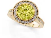 Fancy Yellow Round Cut Diamond Halo Engagement Ring Set in Yellow gold with Pavé Band and Round Halo Stones
