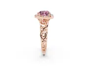 Fancy Pink Heart Cut Diamond Halo Ring Set in Rose gold with Scrollwork Band and Prong Setting