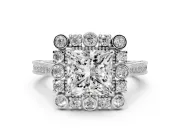 Princess Cut Diamond Halo Milgrain Pavé Ring Set in White gold with Prong Setting