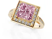 Princess Cut Halo Engagement Ring Setting for a Fancy Pink Lab-Grown Diamond | Polished Halo Rim | Yellow Gold