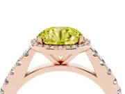 Fancy Yellow Round Cut Diamond Halo Engagement Ring Set in Rose gold with Pavé Band and Prong Setting