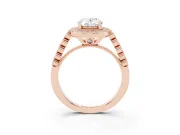 Oval Cut Diamond Milgrain Halo Solitaire Ring Set in Rose gold with Bezel Set Side Stones and Pavé Band