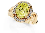 Fancy Yellow Oval Cut Diamond Halo Ring Set in Yellow gold with Scrollwork Band and Prong Setting