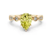 Fancy Yellow Pear Cut Diamond Solitaire Engagement Ring Set in Yellow gold with Milgrain Bezel Accent Band