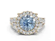 Round Halo Engagement Ring Setting for a Fancy Blue Lab-Grown Diamond | Side Clusters | Yellow Gold