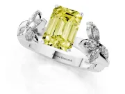 Fancy Yellow Emerald Cut Diamond Floral Vine Solitaire Engagement Ring Set in White gold with Marquise Leaves