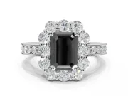 Fancy Black Emerald Cut Lab-Grown Diamond Halo Pavé Engagement Ring Set in White Gold with Milgrain Detailing