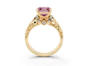 Fancy Pink Asscher Cut Diamond Filigree Halo Engagement Ring Set in Yellow gold with Prong Setting