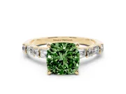 Fancy Green Cushion Cut Diamond Solitaire Set in Yellow gold with Side Baguettes and Channel Set Band