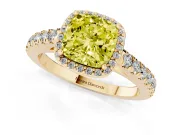 Fancy Yellow Cushion Cut Diamond Halo Engagement Ring Set in Yellow gold with Pavé Band and Prong Setting
