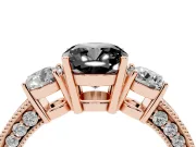 Fancy Black Cushion Cut Diamond Three-Stone Ring Set in Rose gold with Round Side Stones and Pavé Band