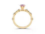 Fancy Pink Pear Cut Diamond Solitaire Ring Set in Yellow gold with Bezel Set Side Stones and Prong Setting