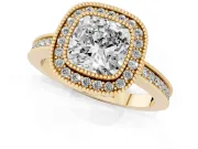 Cushion Cut Diamond Halo Ring Set in Yellow gold with Pavé Band and Milgrain-Edged Prongs