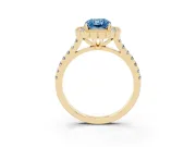 Fancy Blue Radiant Cut Diamond Milgrain Floral Halo Engagement Ring Set in Yellow gold with Pavé Band