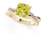 Fancy Yellow Cushion Cut Diamond Twist Band Solitaire Set in Yellow gold with Pavé Accents and Prong Setting