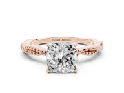 Cushion Cut Diamond Solitaire Ring Set in Rose gold with Twisted Band and Bead Prong Setting