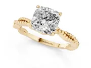 Cushion Cut Diamond Solitaire Ring Set in Yellow gold with Twisted Band and Bead Prong Setting