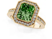 Fancy Green Radiant Cut Diamond Halo Engagement Ring Set in Yellow gold with Pavé Band and Round Halo Stones