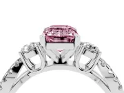 Fancy Pink Emerald Cut Diamond Three-Stone Ring Set in White gold with Pavé Split Shank and Prong Setting