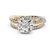 Round Cut Diamond Solitaire Twist Band Ring Set in Yellow gold with Pavé Setting and Prong Head