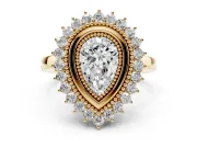 Pear Cut Diamond Halo Ring Set in Yellow gold with Milgrain Edge and Round Prong Setting