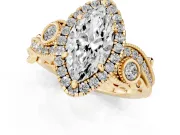 Marquise Cut Diamond Halo Ring Set in Yellow gold with Milgrain Pavé Band and Prong Setting