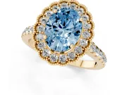 Fancy Blue Oval Cut Diamond Milgrain Floral Halo Engagement Ring Set in Yellow gold with Pavé Band