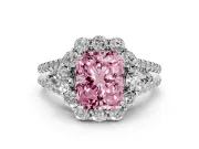 Fancy Pink Radiant Cut Diamond Halo Split Shank Engagement Ring Set in Silver with Prong-Held Center Stone