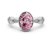 Fancy Pink Oval Cut Diamond Vintage-Inspired Milgrain Ring Set in White gold with Marquise Stations of Round Accents