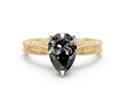 Fancy Black Pear Cut Diamond Solitaire Milgrain Engraved Band Set in Yellow gold with Prong Setting