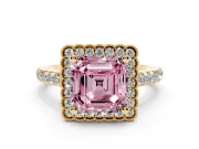 Fancy Pink Asscher Cut Diamond Milgrain Floral Halo Engagement Ring Set in Yellow gold with Pavé Band