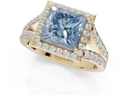 Princess Cut Halo Pavé Engagement Ring Setting for a Fancy Blue Lab-Grown Diamond | Narrow Split Shank | Yellow Gold