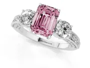 Fancy Pink Emerald Cut Diamond Three-Stone Ring Set in Silver with Round Side Stones and Pavé Band