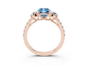 Fancy Blue Cushion Cut Diamond Three-Stone Ring Set in Rose gold with Round Side Stones and Delicate Pavé Band