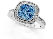 Fancy Blue Cushion Cut Diamond Halo Ring Set in White gold with Pavé Band and Milgrain-Edged Prongs