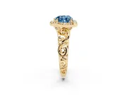 Fancy Blue Heart Cut Diamond Halo Ring Set in Yellow gold with Scrollwork Band and Prong Setting