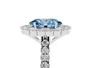 Fancy Blue Oval Cut Diamond Milgrain Floral Halo Engagement Ring Set in White gold with Pavé Band