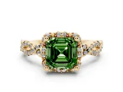 Fancy Green Asscher Cut Diamond Halo Twist Band Solitaire Ring Set in Yellow gold with Prong-Set Center Stone