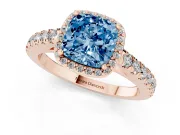 Fancy Blue Cushion Cut Diamond Halo Engagement Ring Set in Rose gold with Pavé Band and Prong Setting