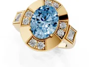 Fancy Blue Oval Cut Diamond Milgrain Halo Ring Set in Yellow gold with Split Shank