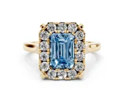 Emerald Cut Claw Corner Halo Engagement Ring Setting for a Fancy Blue Lab-Grown Diamond | Slim Plain Band | Yellow Gold